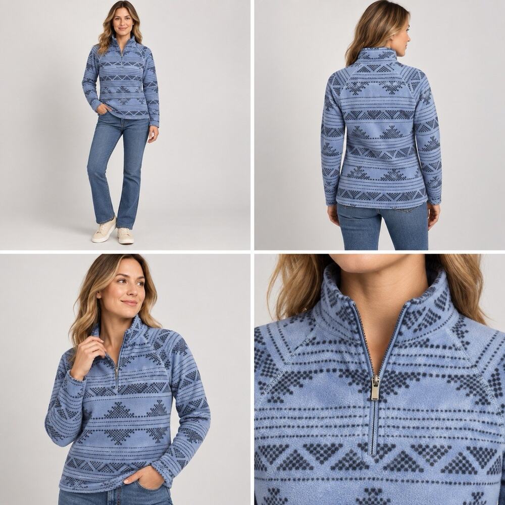 Eddie Bauer Women’s XS Blue Fair Isle Fleece Quarter Zip Pullover Geometric